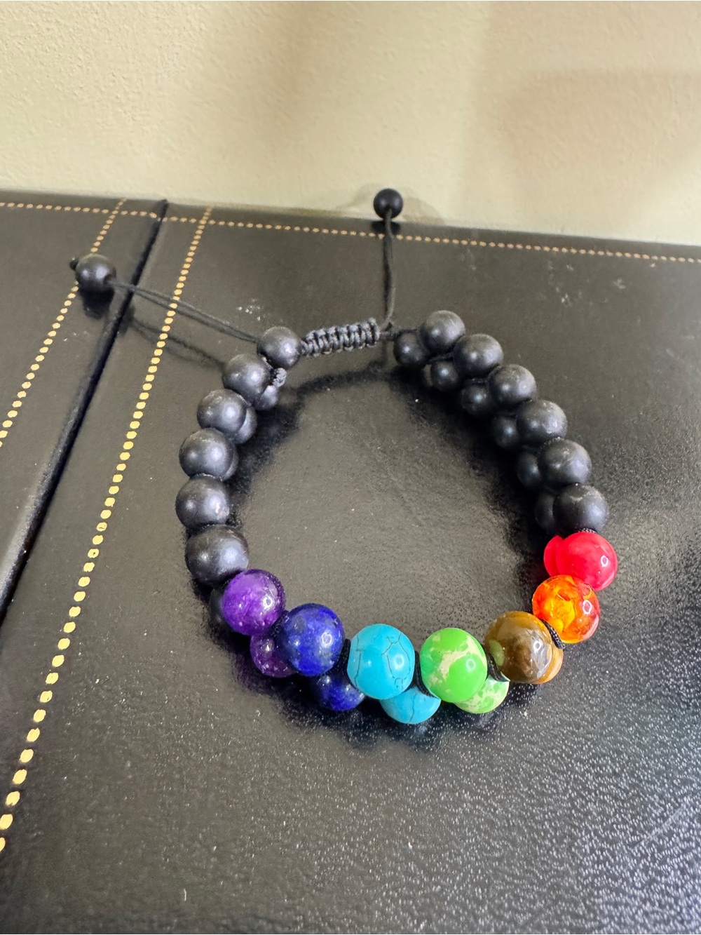 Multicolor Chakra Bead adjustable Bracelet - Black Cord